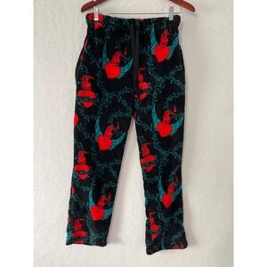 Ed Hardy Womens Large Plush Fleece Pajama Pants Black Flaming Winged Heart Y2K